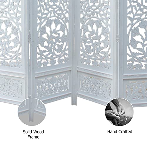 Room Divider Wood Screen - Ghanti Bells Antique Brown - 4 Panel Folding 72 x 80 - Assembled Hand Carved Decorative Functional Versatile Portable Partition Reversible Privacy Boho - COTTON CRAFT
