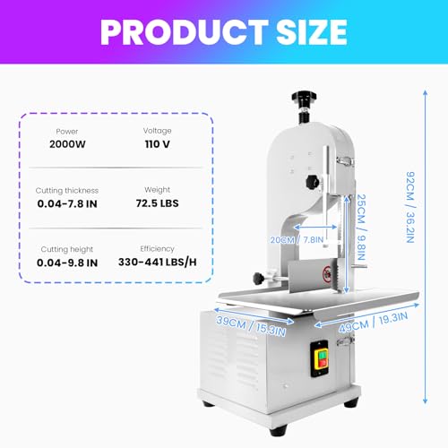 Meat Cutting Bandsaw Machine, 1500W Electric Bone Saw for Butchering with 19" x 14" Stainless Steel Workbench, 8 Saw Blades, 0.04-3.9" Cutting Thickness, Frozen Meat Cutter for Ribs (1500W)