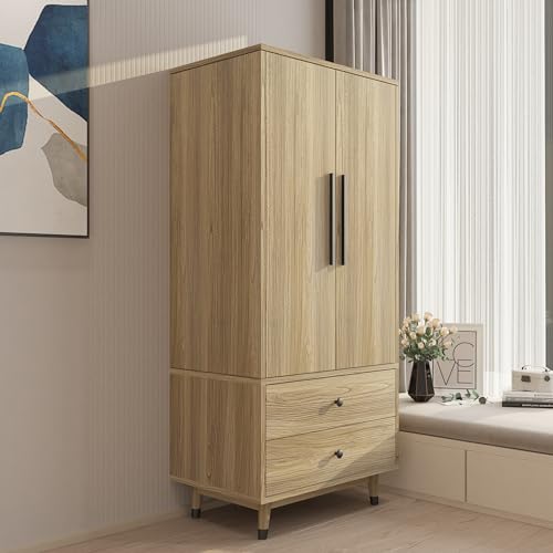 4 Door Armoire Wardrobe Closet Cabinet with 2 Drawers, Wood Bedroom Wardrobe Cabinet with Adjustable Shelves and Hanging Rod, Large Capacity Storage Wardrobe Armoire for Bedroom (Oak 3)