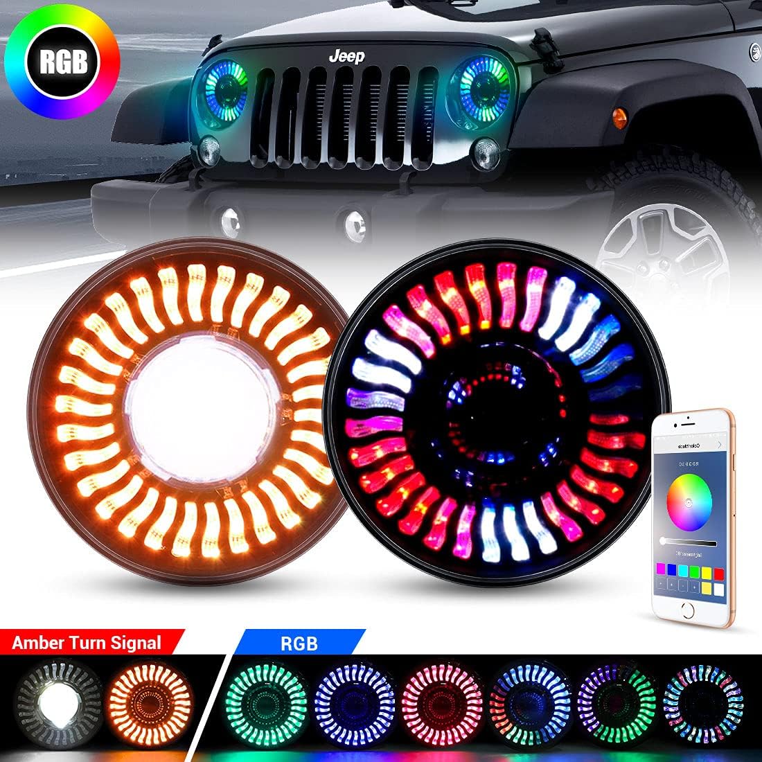 LED RGB Headlight with Amber Turn Signal, SUPAREE 7 Inch Round Halo LED Headlight Fits 1997~2018 Wrangler JK TJ LJ with Control 120W 12000LM High Low beam-2PCS