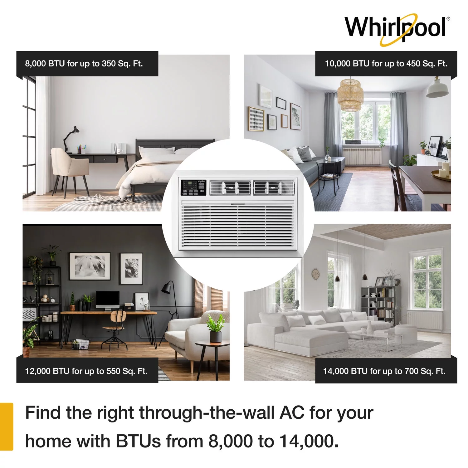 Whirlpool 12,000 BTU 230-Volt Through-the-Wall Air Conditioner, Dehumidifier | AC for Rooms up to 550 Sq.Ft | Remote Control | Digital Display | 24H Timer | WHAT122-2AW