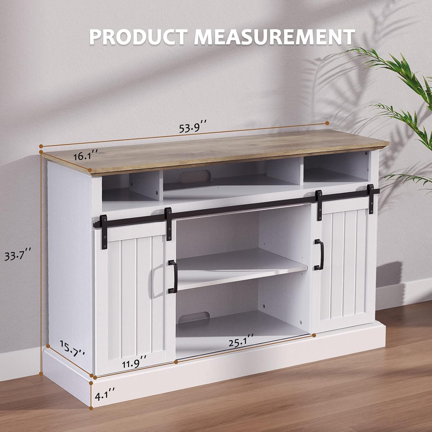 Furnimics Farmhouse TV Stand for TVs up to 65 Inch, Sliding Barn Door TV Stand for Living Room, Bedroom, White Entertainment Center TV Stand Cabinet with Adjustable Shelves&Cable Management, FMWTS01W