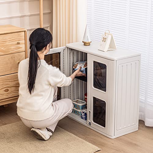 KINYING Outdoor Storage Cabinet Waterproof, Resin 60 Gallon Deck Box for Patio Furniture Cushions, Garden Tools, Pool Tools and Kids’ Toys (Off White with 1 Shelving)