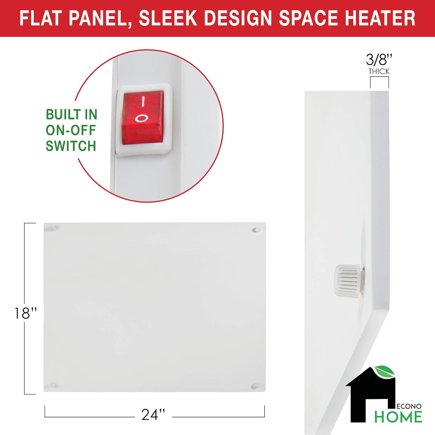 EconoHome Wall Mount Space Heater Panel - 250 Watt Splashproof Convection Heater - Ideal for 100 Sq Ft Room or Bathroom - 120V Electric Heater - Save On Heating Cost - Overheat Protection