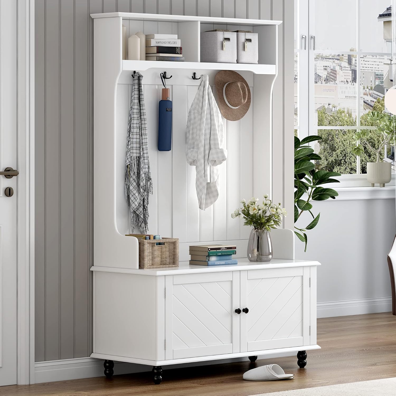 Modern 40" 3-in-1 Design Hall Tree with 4 Hooks, Coat Hanger, Entryway Storage Bench, for Entrance, Hallway, White, OneSize