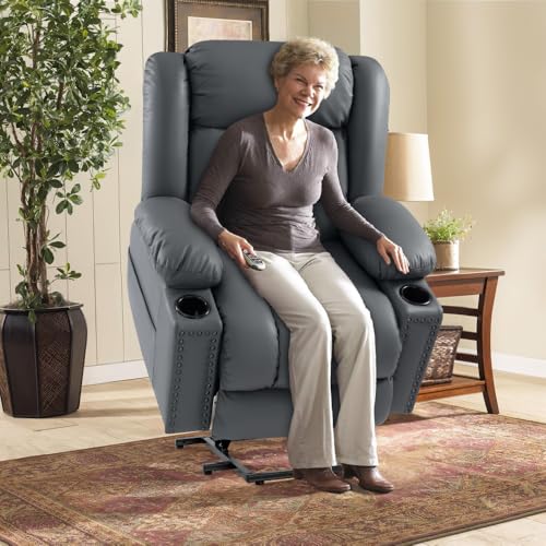 Large Power Lift Chairs Recliners for Elderly with Heated and Massage, Overstuffed Adjustable Lift Chairs, 3 Positions, Breathable Leather, USB-A and USB-C, Cup Holder, Side Pocket Dark Brown