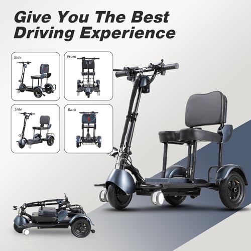 Powered Mobility Scooters Folding Blue 3-Wheel Mobility Scooter, 20 Miles Range, 11.5 Mph, 300W Electric for Adults & Elderly, with LED Headlights, Detachable Cooler Box, Charger Included