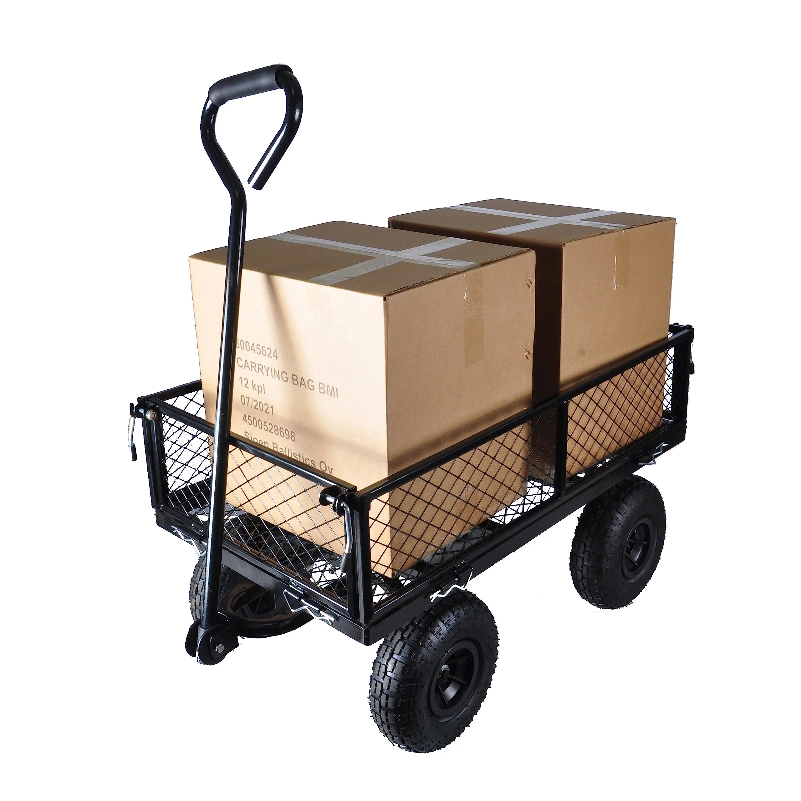 Steel Garden Cart Flatbed with Removable Sides, 550LBS Heavy Duty Yard Cart with 180° Rotating Handle and 10 Inch Tires, 3.5 Cu.ft Capacity, Foldable Metal Wagon for Garden, Farm, Yard, Black