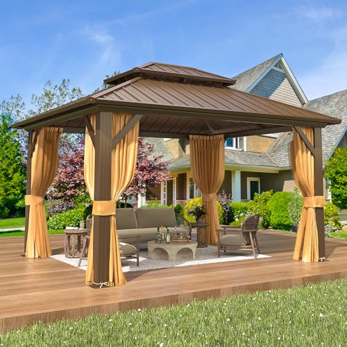 EROMMY 14'x20' Hardtop Gazebo Double Roof Galvanized Steel Canopy Outdoor Aluminum Frame Permanent Metal Pavilion with Netting and Curtains for Patio Backyard Deck and Lawns