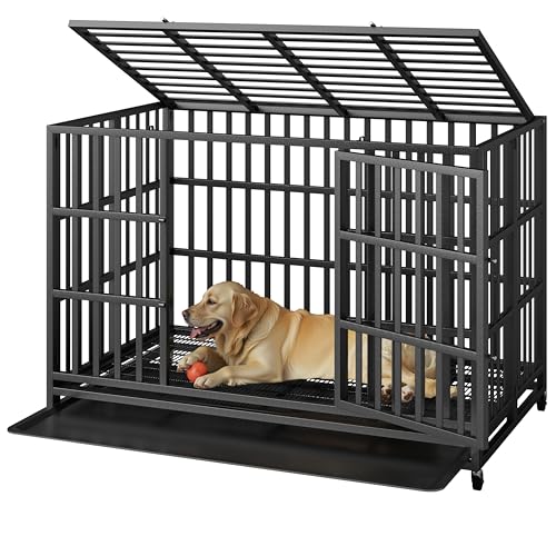 48/42 Inch Heavy Duty Indestructible Dog Crate Steel Escape Proof, Indoor Double Door High Anxiety Cage, Kennel with Wheels, Removable Tray, Extra Large XL XXL