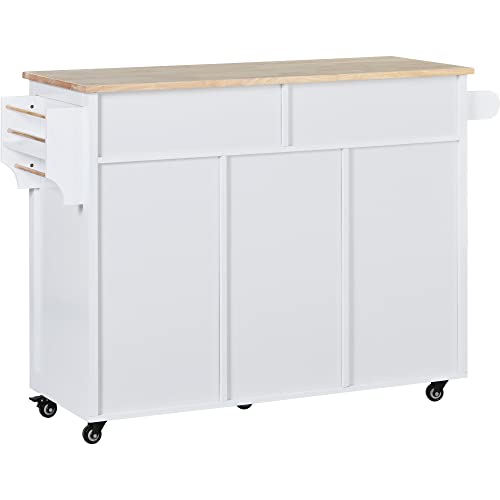 Utility Kitchen Island with Storage Cabinet on Wheels,Wooden Rolling Kithcen Island Cart with 8 Drawers, Rubber Wood Countertop, Spice and Towel Racks, Adjustable Shelves, White
