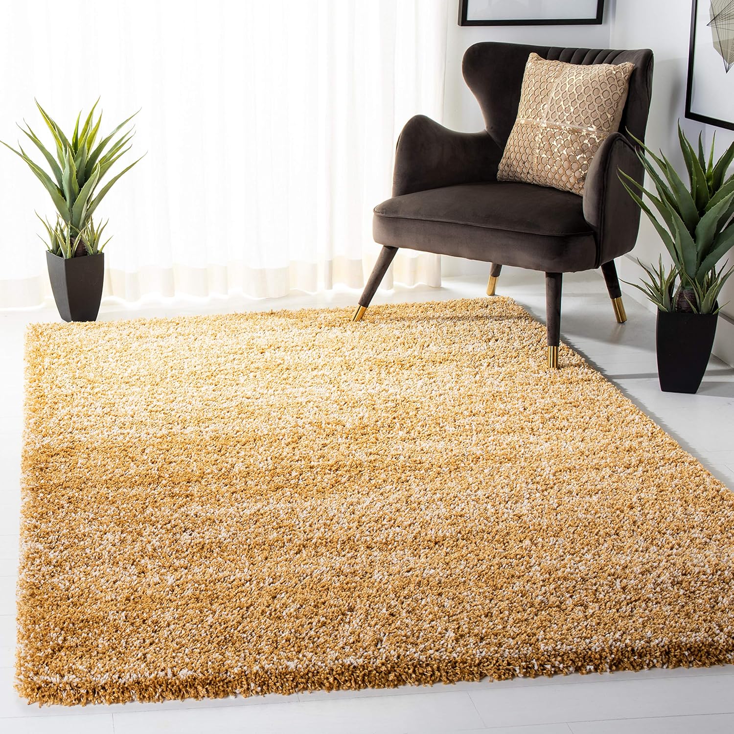 Safavieh Hudson Shag Collection Area Rug - 8' x 10', Gold & Ivory, Modern Abstract Design, Non-Shedding & Easy Care, 2-inch Thick Ideal for High Traffic Areas in Living Room, Bedroom (SGH295D)