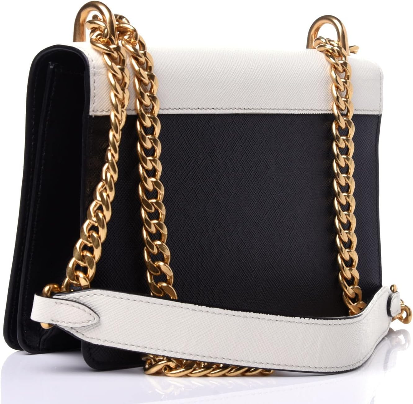 Prada Bianco White Black Saffiano Leather Chain Crossbody Bag 1BD133