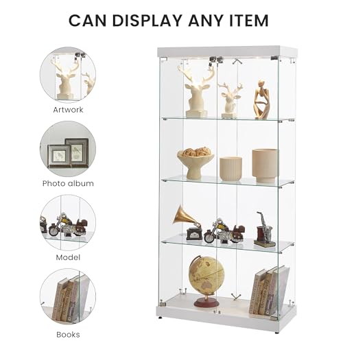 Glass Display Cabinet with LED Lights, Glass Curio Cabinets with Double Doors, Locking Glass Cabinet Display Case for Home, Office, Clinic, Pantry, Assemble Required (Black)