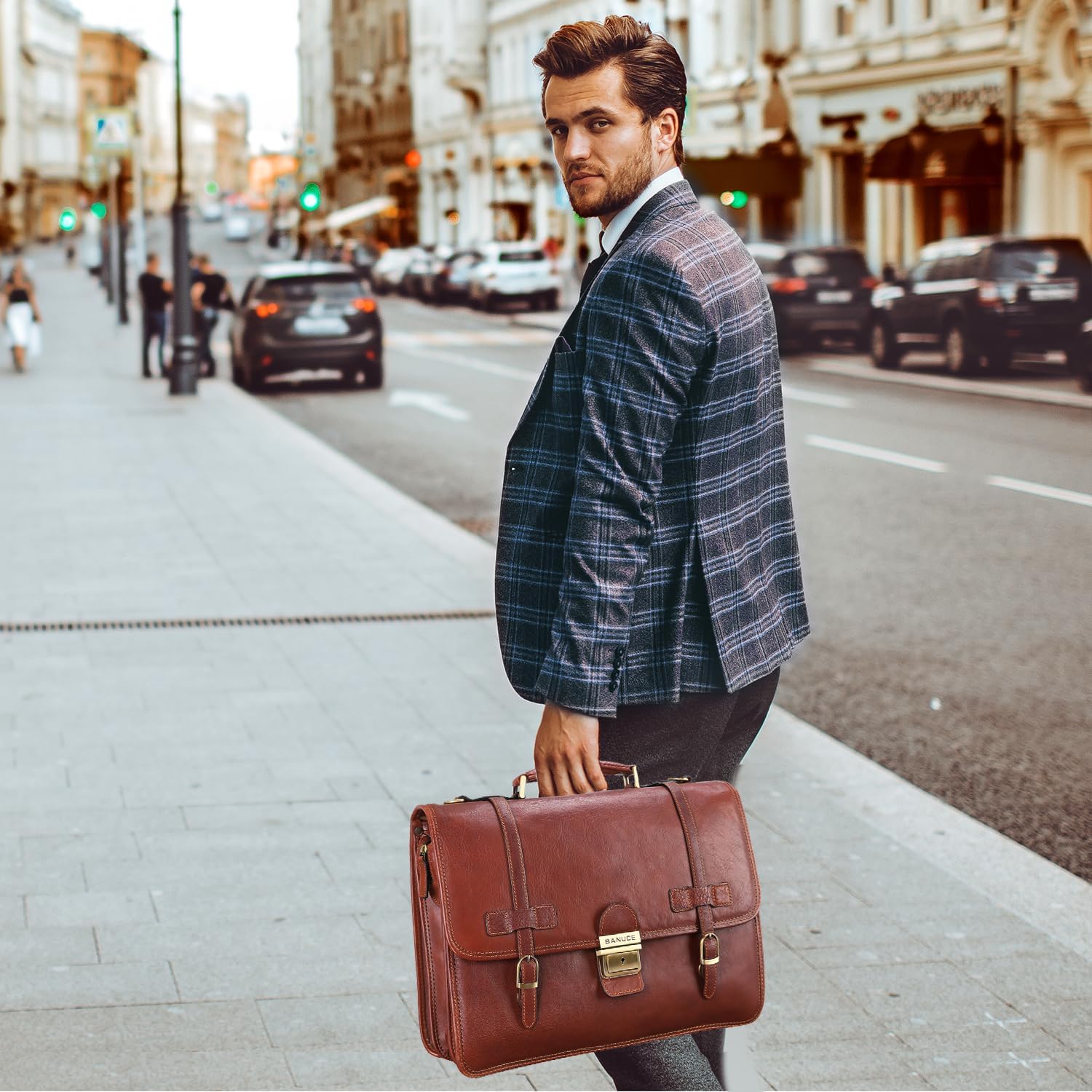 Banuce Vintage Genuine Full Grain Italian Leather Briefcase for Men with Lock 14 Inch Laptop Bag Professional Business Work Bag Attache Case with Luggage Strap Brown