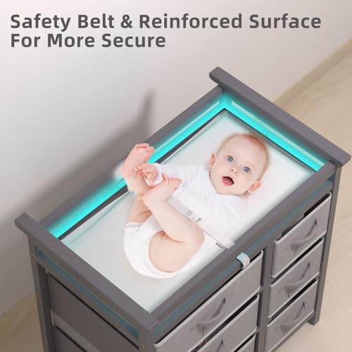 KORIMEFA Modern Baby Changing Table, Diaper Changing Table, with 6 Storage Drawers and Changing Pad, White