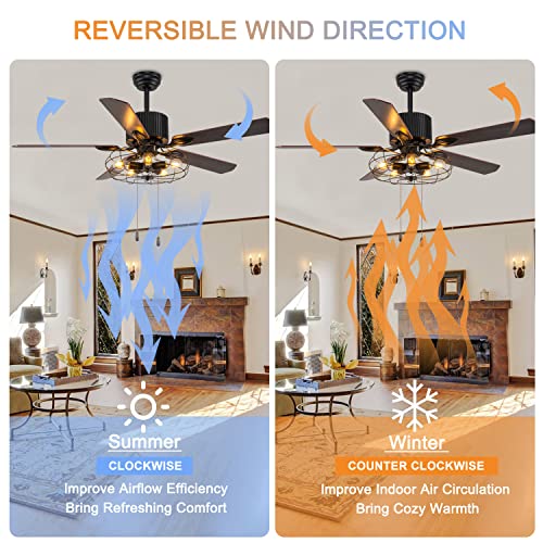 Farmhouse Caged Ceiling Fan with Lights Remote Control, 52" Industrial Black Chandelier Fan Pull Chain, Rustic Vintage Ceiling Fan Light with 5 Reversible Blades for Bedroom, Living Room