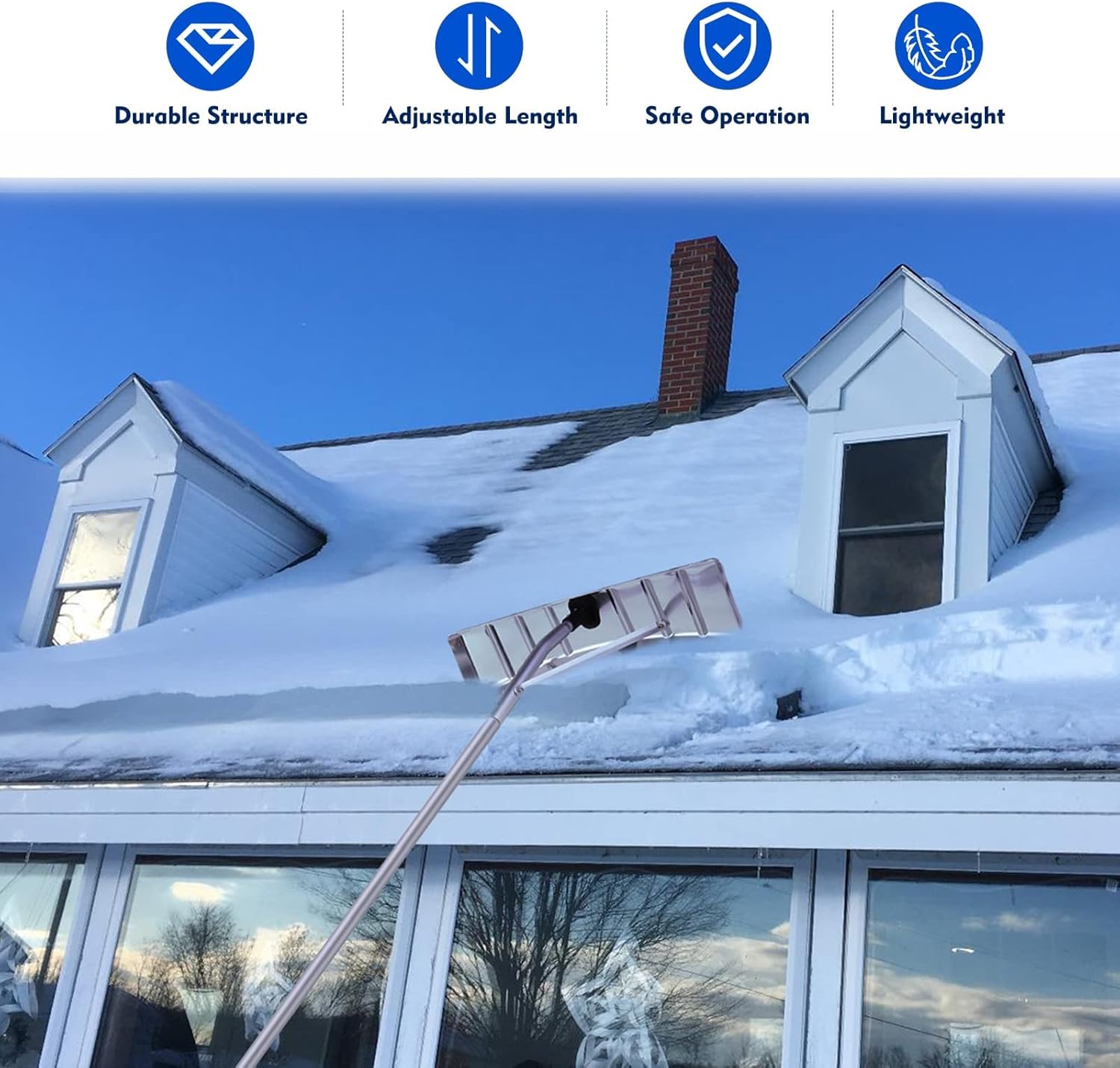 Snow Roof Rake for Snow Removal, 4.78’-19.88’ Extendable Aluminum Snow Rake for House Roof, Time-Saving Lightweight Roof Snow Removal Tool with 25" Blade, 5-Section Tubes for Roof Snow, Wet Leaves Pack of 2