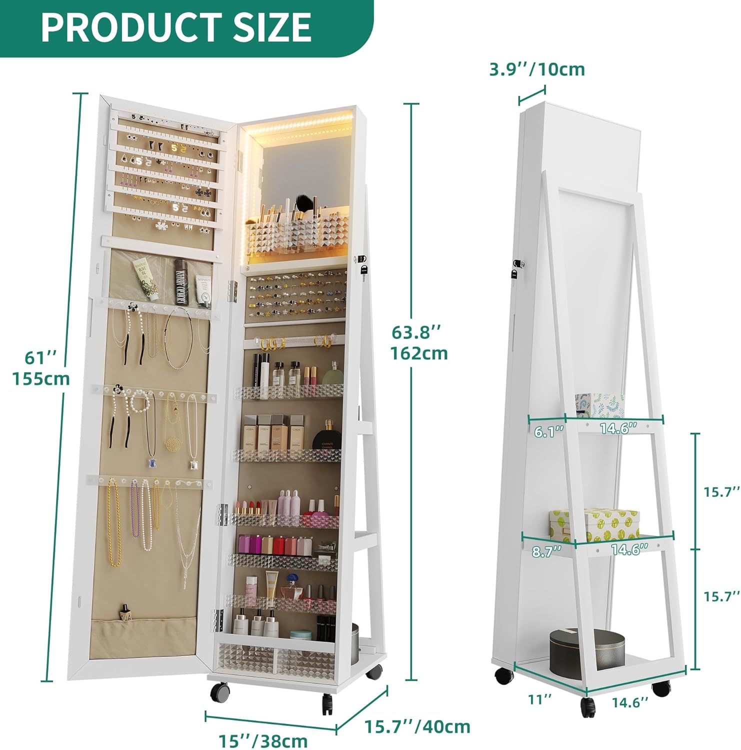 YITAHOME Mirror Jewelry Cabinet with Lights Standing Jewelry Armoire Storage Rotatable Full Length Mirror Jewelry Organizer Lockable Jewelry Armoire with Wheels for Bedroom, Cloakroom, White