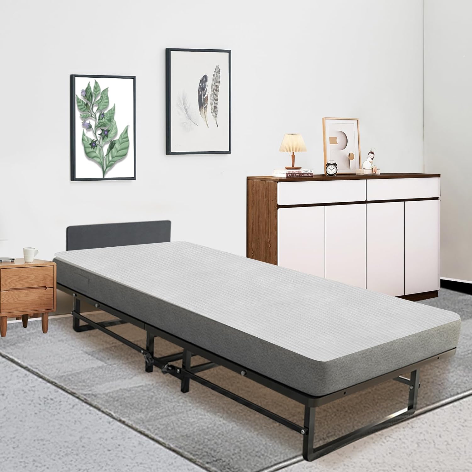 Folding Bed with 4-Inch Mattress, Metal Cot Size Rollaway Bed for Adults, Fold up Guest Bed on Wheels, 350-Pound Capacity