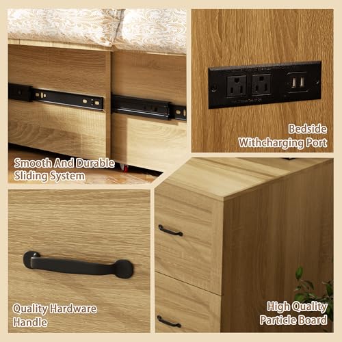 Full Size Murphy Bed Wood Wall Bed Cabinet with Large Drawer Space-Saving Hidden Foldable Platform Bed Chest Mobile Cabinet Bed Frame Storage Cabinet with USB Ports for Bedroom, Guest Room,Natural