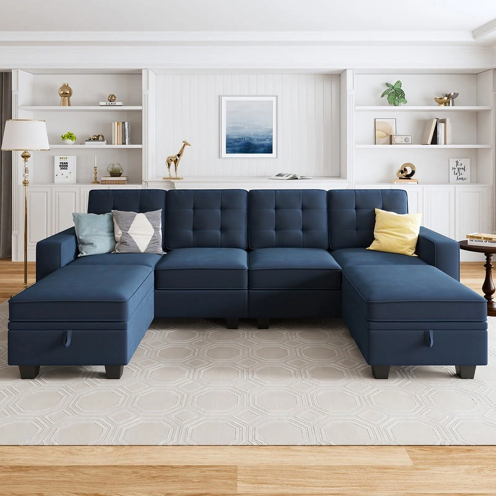 HONBAY Modern U-Shaped Sectional Sofa with Reversible Chaises and Storage Ottomans, Dark Blue