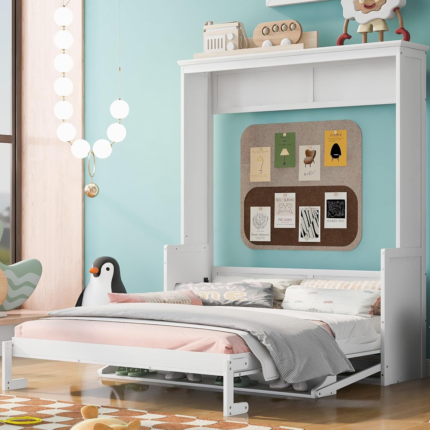 Queen Size Shelf, Wood Multifunctional Murphy Wall Bed Frame for Bedroom Living Room Furniture, Space-Saving, White