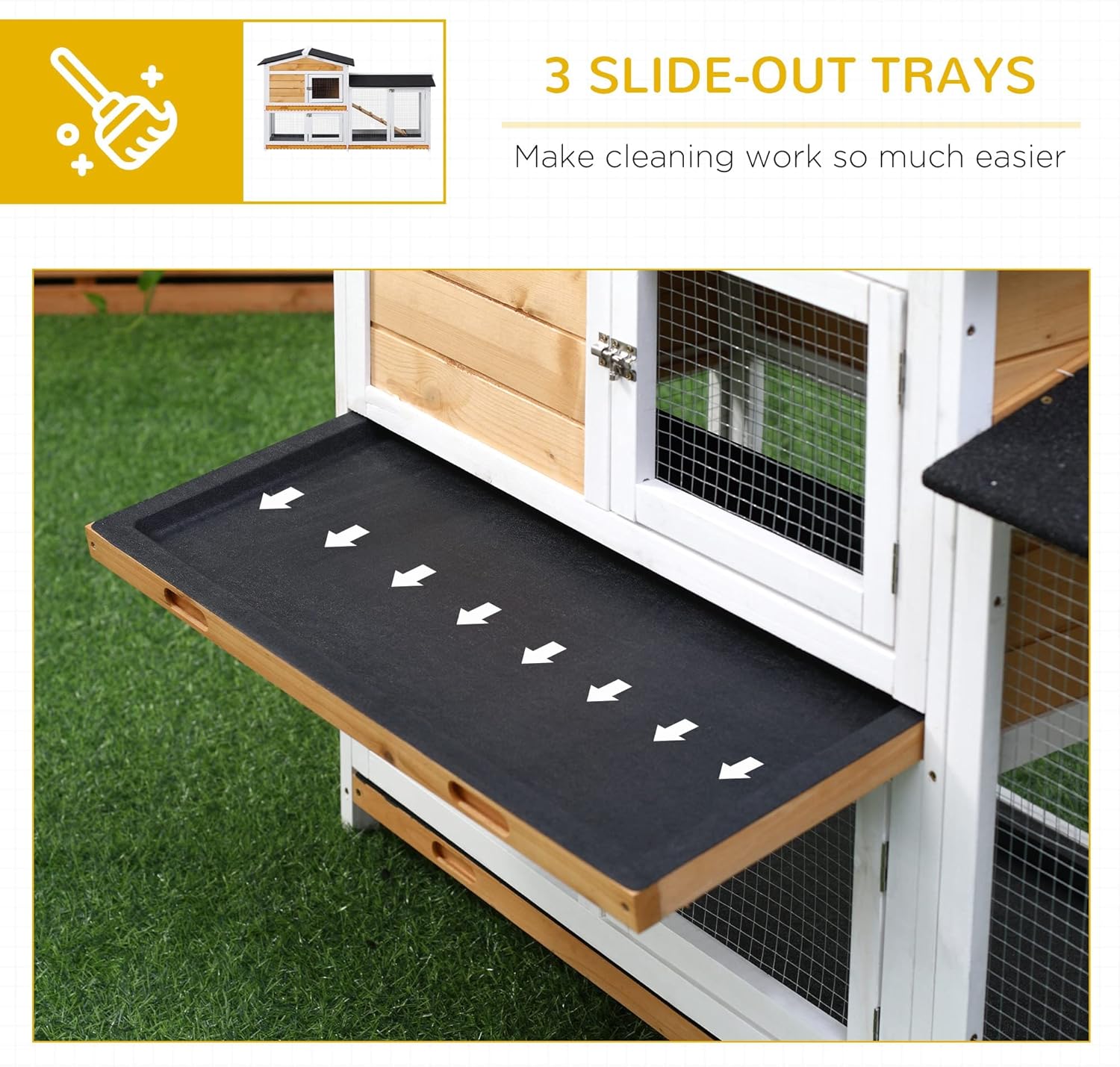 2-Story Rabbit Hutch Wooden Bunny Hutch Cage Small Animal House with Ramp, No Leak Tray, Weatherproof Roof and Outdoor Run, Indoor/Outdoor, Yellow