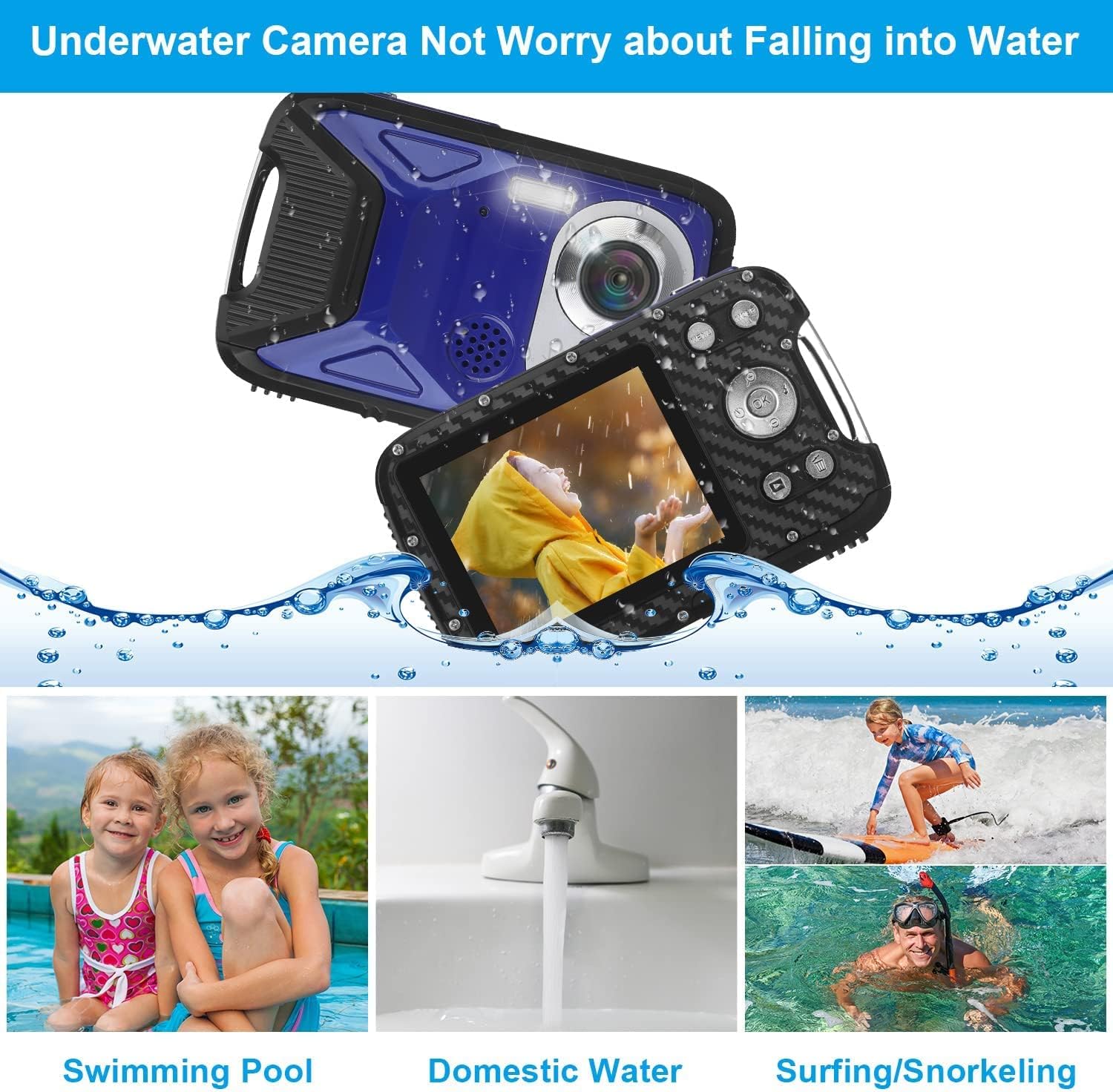Waterproof Digital Camera 1080P 21MP HD Underwater Kids Camera with 2.8 LCD Screen 8X Digital Zoom Rechargeable Point and Shoot Camera Compact Portable Digital Camera for Kids Students,Teens