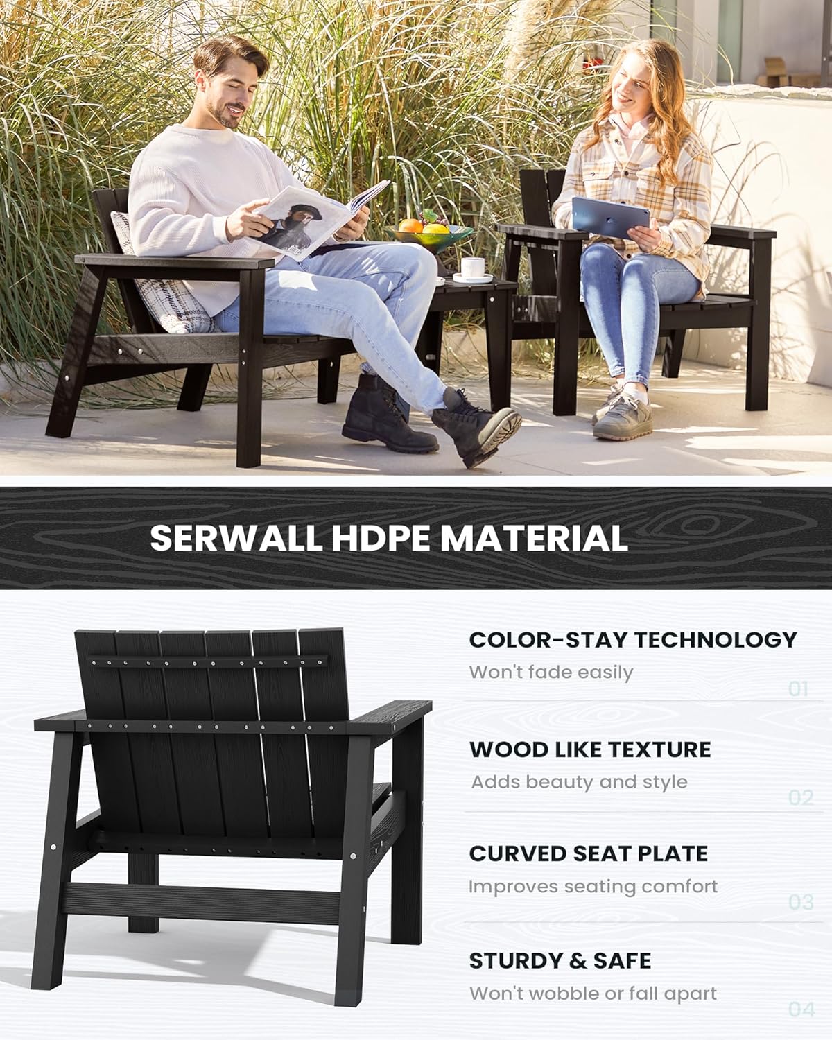 SERWALL 3 Piece Patio Bistro Set HDPE Adirondack Chair Sets with Side Table, includes Adirondack Chairs Set of 2 and 1 Adirondack Table for Patio, Lawn, Backyard- Black