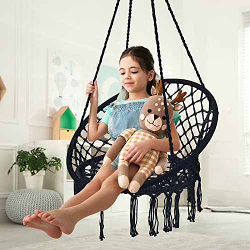 Hammock Chair Macrame Swing Set of 2 Bohemian Style Hammock Swing Chair with Tassels Hanging Swing Chair Handmade Knitted Cotton Rope for Indoor Outdoor Bedroom Patio Max 330 Lbs Black