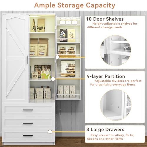 72" LED Kitchen Pantry Cabinet with 3 Drawers Farmhouse Tall Storage Cabinet Wood Food Pantry with Barn Doors and Adjustable Shelves Versatile Storage Freestanding Cupboard for Kitchen