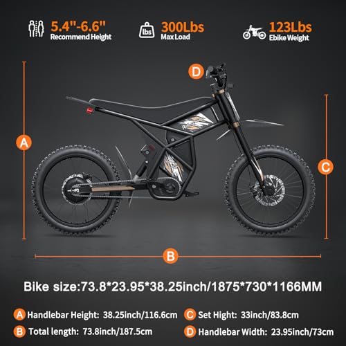 GT73 Electric Dirt Bike for Adults 2500W Electric Bike with 1747Wh(48V 18.2AH*2) Removable Batteries 37MPH/85Mile Range 25" x2" Motorcycle Tires Dual Hydraulic Brakes & Full Suspension