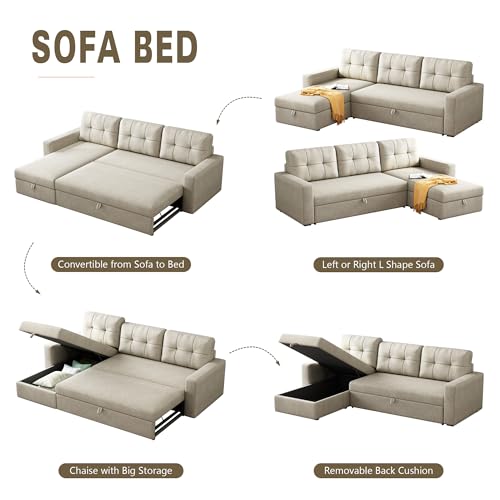 81.5'' L-Shape Sleeper Sectional Sofa with Storage Chaise and Pull-Out Bed, Living Room Convertible Couch Bed,W/ 3 Back Cushions & Breathable fabric,for Apartment,Office,(Beige)