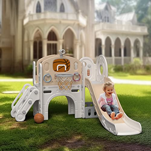 XJD 8 in 1 Toddler Slide Set, Kids Slide for Toddlers Age 1+, Toddler Climber Slide PlaySet with Basketball Hoop and Ball,Outdoor Indoor Playground for Toddlers 1-3 (Blue Gley, 8 in 1)