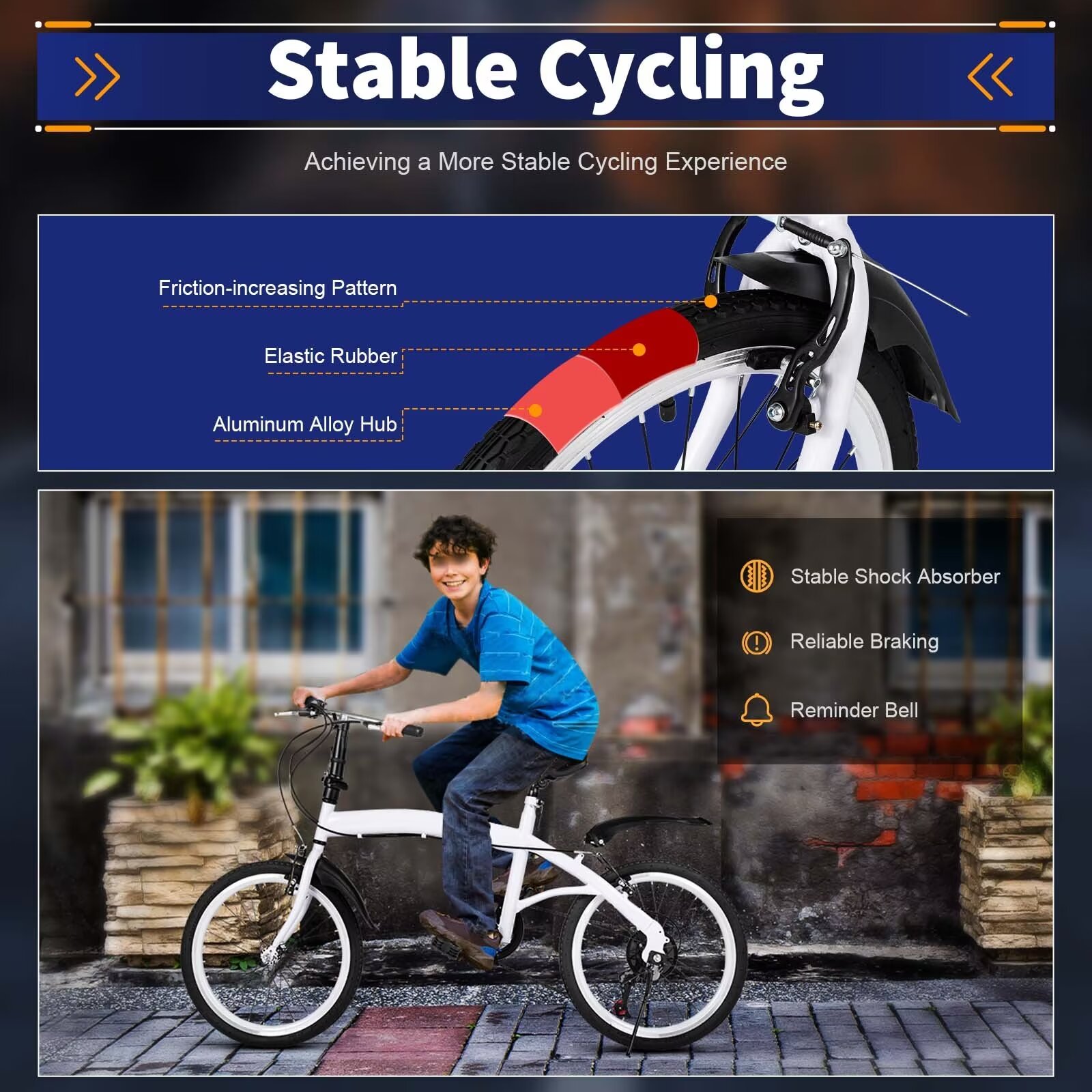 OUKANING 20" White Folding Bike Height Adjustable Foldable City Bike for Adult Commute Bicycle 6 Speed Gears with Mudguard