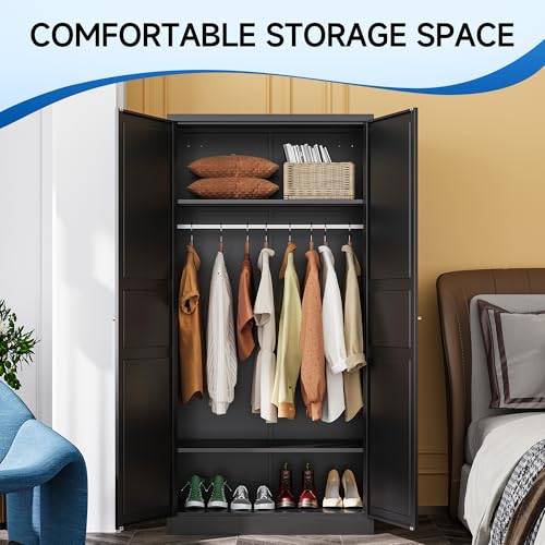 White Armoire Wardrobe Closet，71" Metal Clothing Storage Cabinets，with 2 Doors 2 Shelves Steel Wardrobe Storage，for Studio, Classroom, Garage, Gym Clothes Storage Organizer