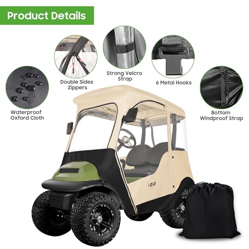 10L0L Golf Cart Driving Enclosure for 2 Passenger Club Car Precedent, Onward & Tempo, 600D Deluxe Heavy Duty Oxford Cloth Waterproof Windproof Golf Cart Rain Cover (Black/Beige)