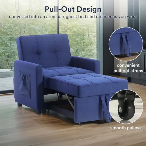 3 in 1 Convertible Sleeper Sofa Bed Pull Out Couch Futon Loveseat Velvet Chaise Lounge with 2 Pockets and 2 Pillows for Living Room, Blue