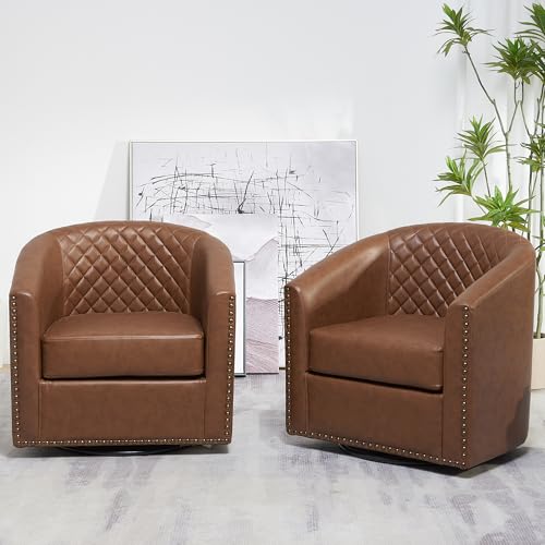 29" Wide Tufted Faux Leather Swivel Barrel Chair Set of 2, PU Leather Modern Upholstered Accent Chairs with Nailhead Trim, Small Armchair for Living Room Bedroom, Cream