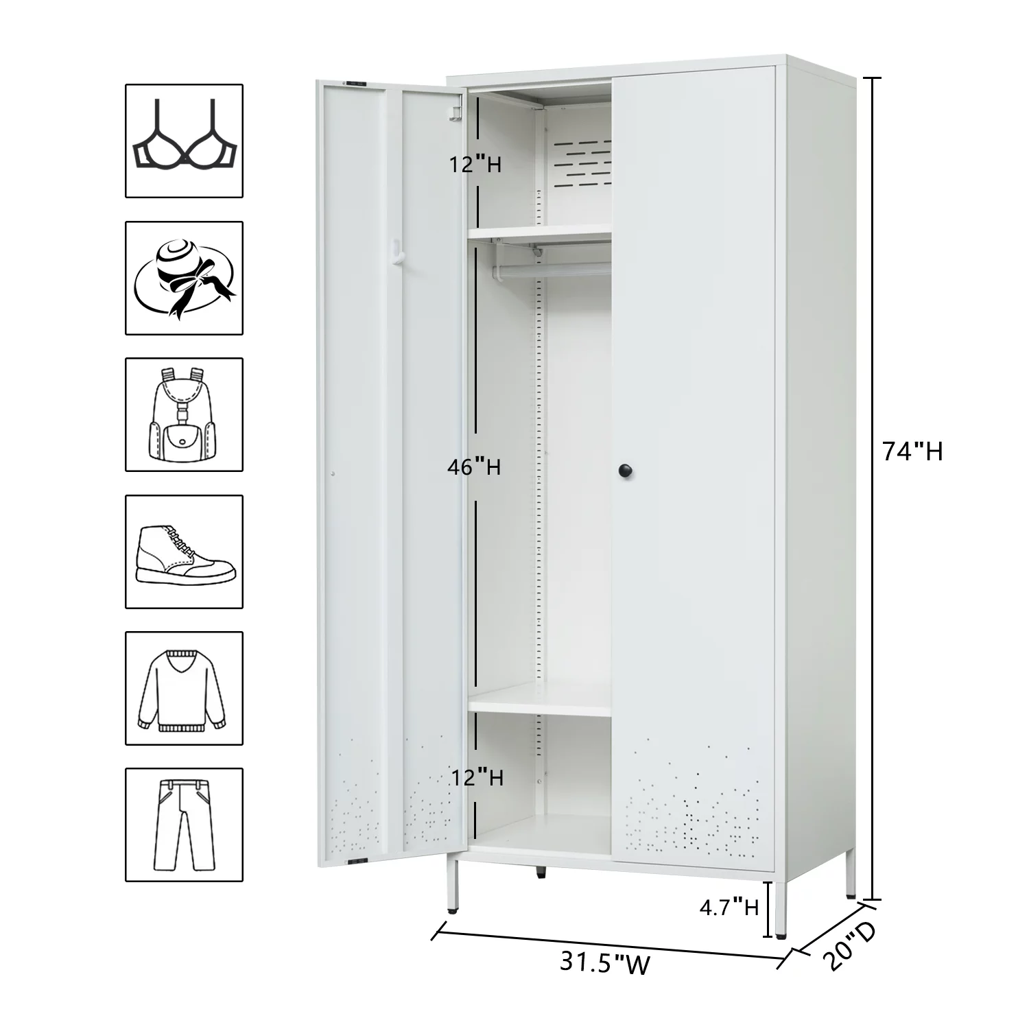 Storage Cabinet, Metal Wardrobe Armoire Closet with Hanging Rod for Bedroom, Laundry Room(White)