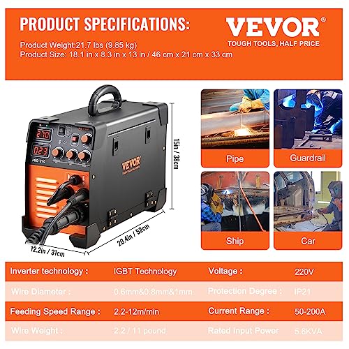 VEVOR MIG Welder, 3 in 1 270 Amp Welding Machine, 110 220V MIG Lift TIG Arc Welder, Portable Lift TIG Welder ARC Welder with IGBT DC Inverter, LCD Digital Display, Welder Torch and Welding Wire