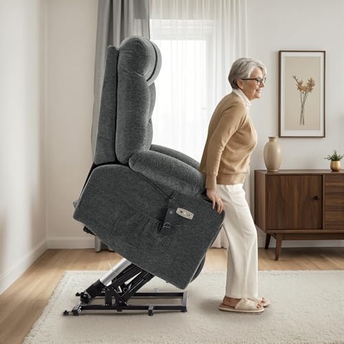 MCombo Power Lift Recliner Chair with Extended Footrest for Elderly People, Fabric 7287 (Navy Blue, Medium)