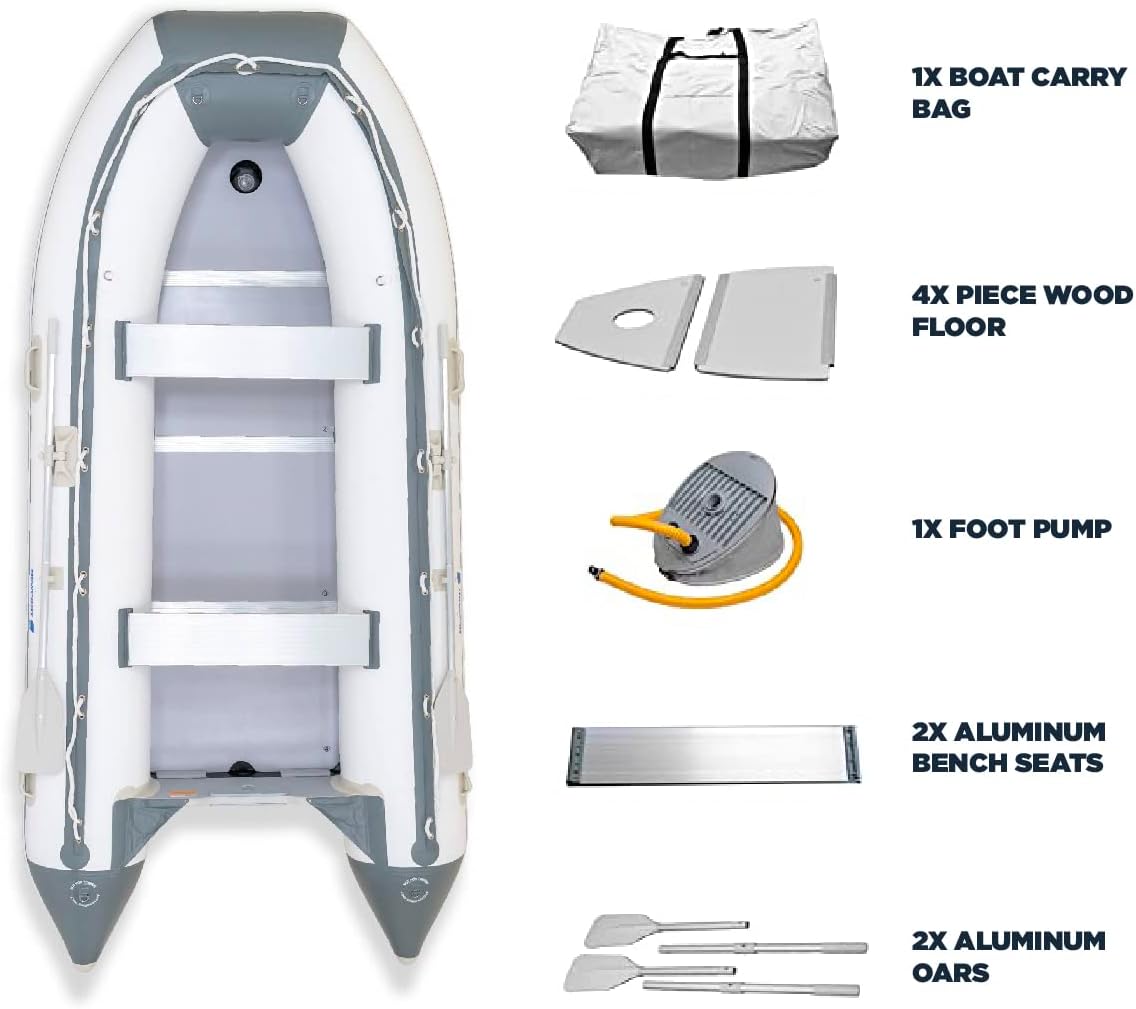 12ft 6in Catalina Inflatable Dinghy Boat Transom Sport Tender - 6 Person - 20 Horsepower USCG Rated, White/Gray