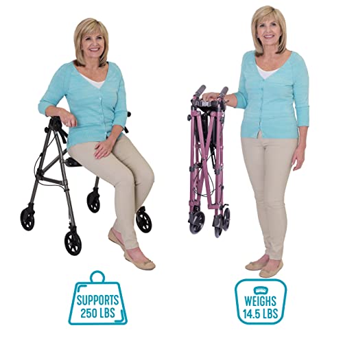 Stander Wonder Rollator Short, Lightweight Junior Folding Walker for Seniors and Adults, Travel Space Saver Rollator, Petite Walker with Wheels and Seat, Black Walnut