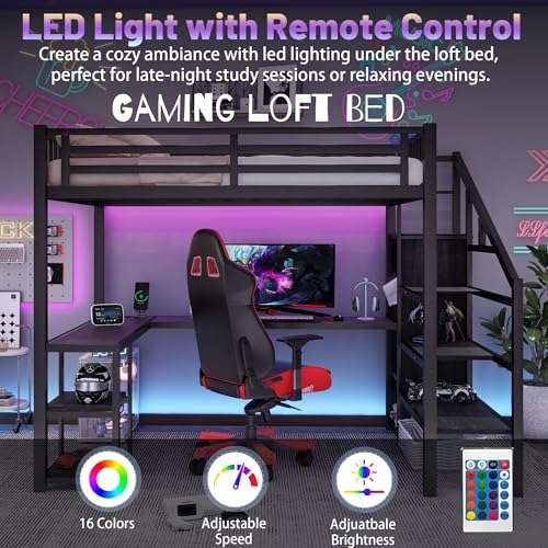 Full Size Loft Bed with Desk and Stairs,Metal Gaming Loft Bed Full with Wardrobe and Shelf, High Loft Bed with LED & USB Charging Station for Teens, Adults, Space Saving Design,Black