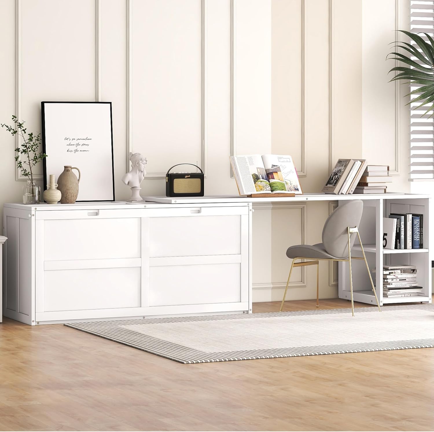 BOVZA Queen Size Murphy Bed with Rotable Desk and Storage Drawers, Cube Cabinet Bedframe for Small Spaces, White