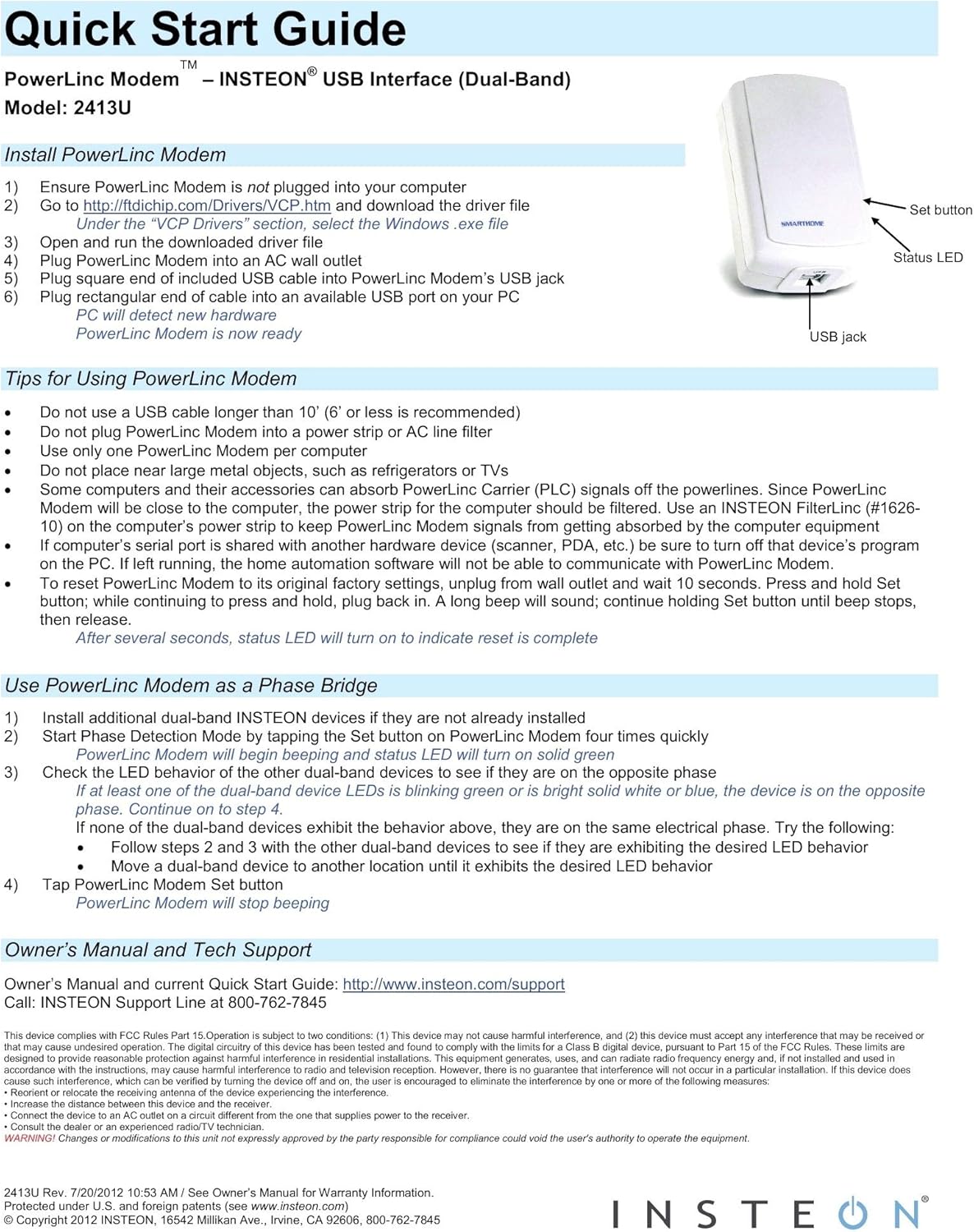 Insteon USB Interace PowerLinc Modem, 2413U - Dual-Band PLM Makes Controllers & Bridges Insteon-Compatible