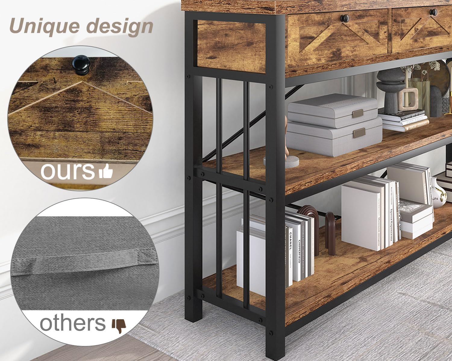 HSH Entryway Console Table with 3 Drawers, Wood Metal 3 Tier Sofa Table with Storage Shelf for Hallway, Farmhouse Industrial Entry Tables Behind Couch for Living Room Kitchen, Rustic Brown, 55 inch