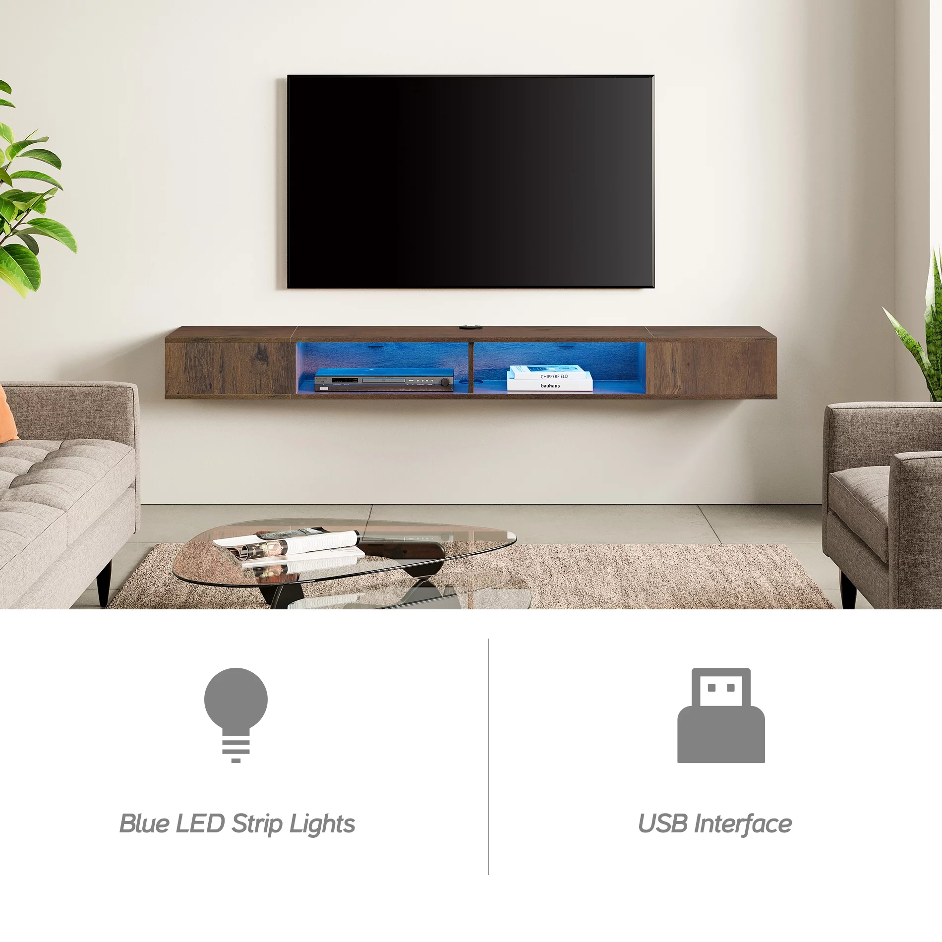 Floating TV Stand Wall Mounted with 16-Color Lights for 65/75/80 Inch TV, Floating Entertainment Center Storage Shelf Living Room, Brown